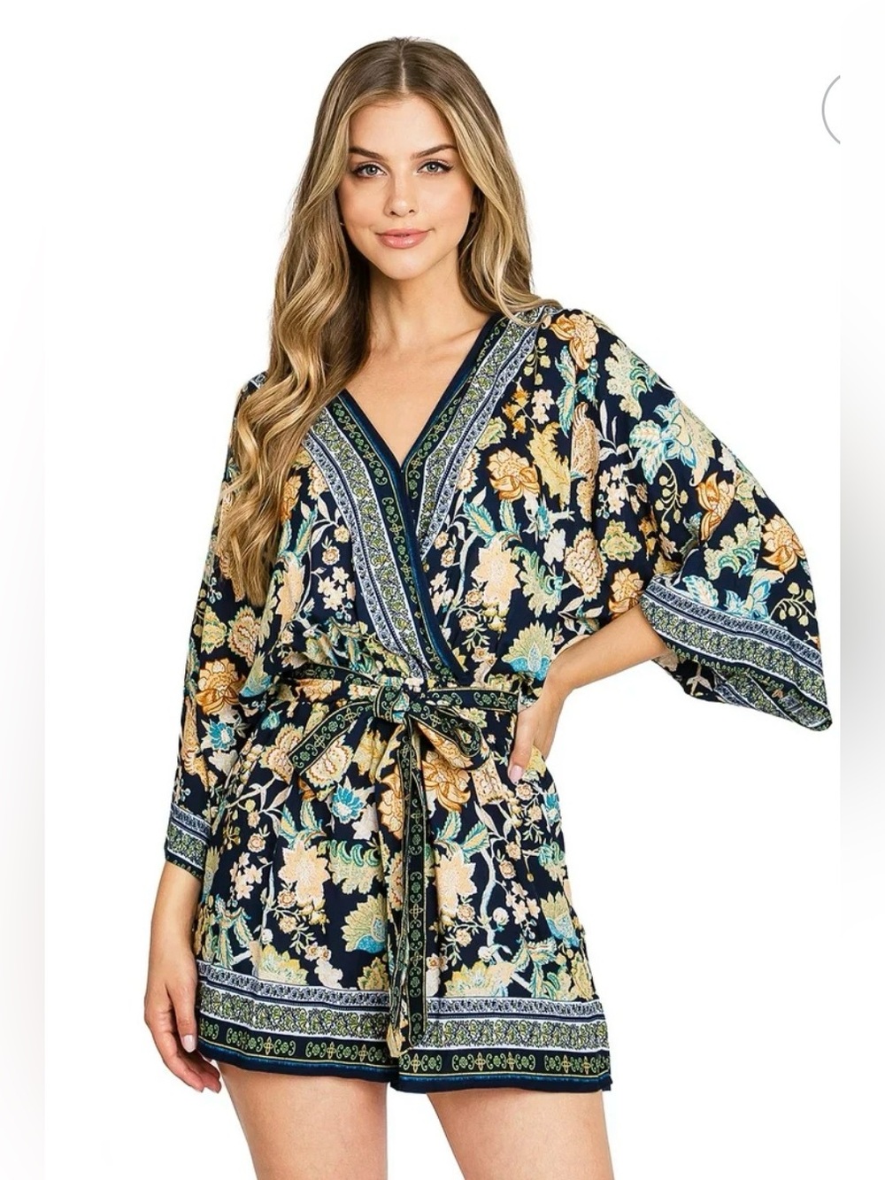 Flying Tomato Royal Beach Woven Large Floral Wrap Romper in Navy, Mustard Teal